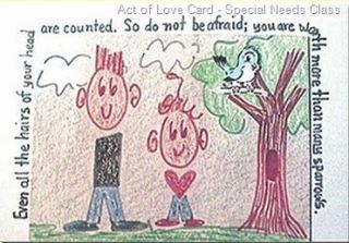 An index card with a hand-drawn picture from my daughter's faith formation class. The picture of two children reminds them of how much they are loved.